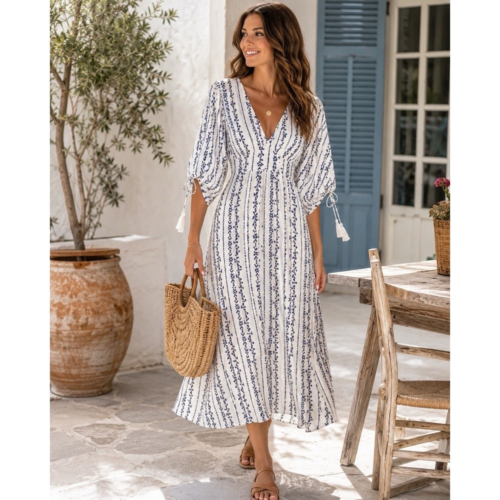 En Creme Midi Dress S Boho Swiss Dot Blue White Laced Tassel Tie Balloon Sleeve